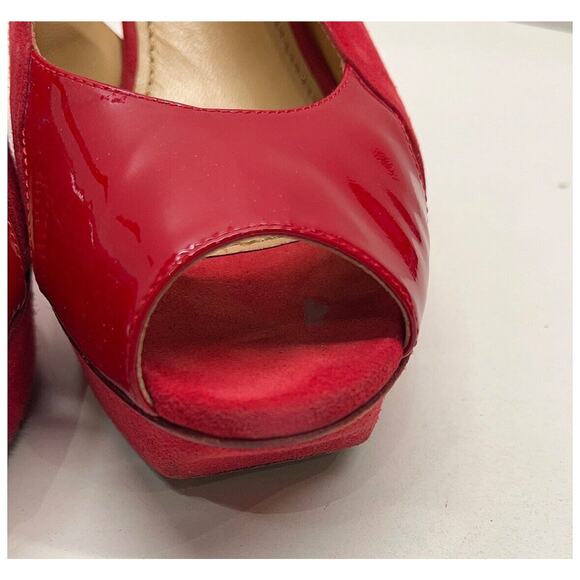 Authentic Yves Saint Laurent Red Platform Slingback Patent Suede Heels Size 39.5 - Picture 4 of 10